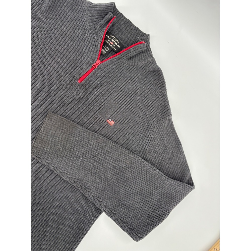 Ralph Lauren Polo Jeans Co Mens XL Gray Ribbed Cotton QuarterZip Sweater Red Zip